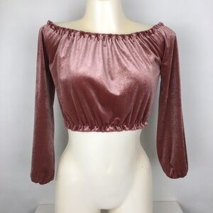 New Look Velvet Off-the-Shoulder Pink Crop Top Gold Threading Sz 4 Croquette